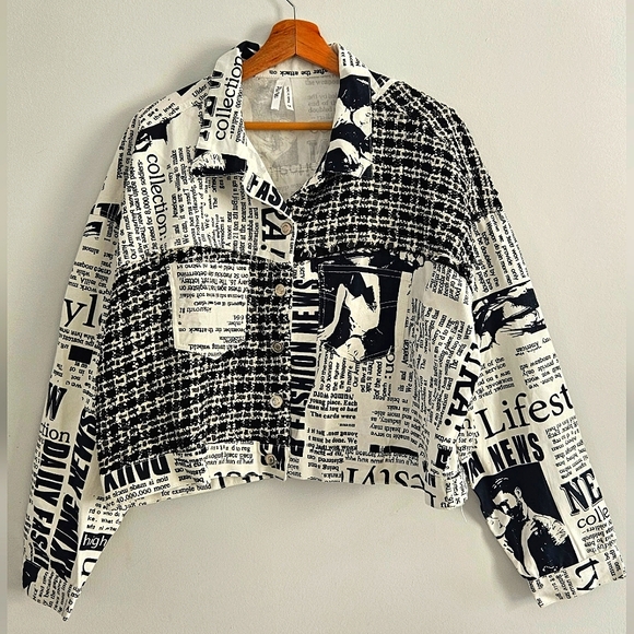 Truth NYC Jackets & Blazers - Y2K Truth NYC Black & White Chic Newspaper Print Long Sleeve Patchwork Jacket